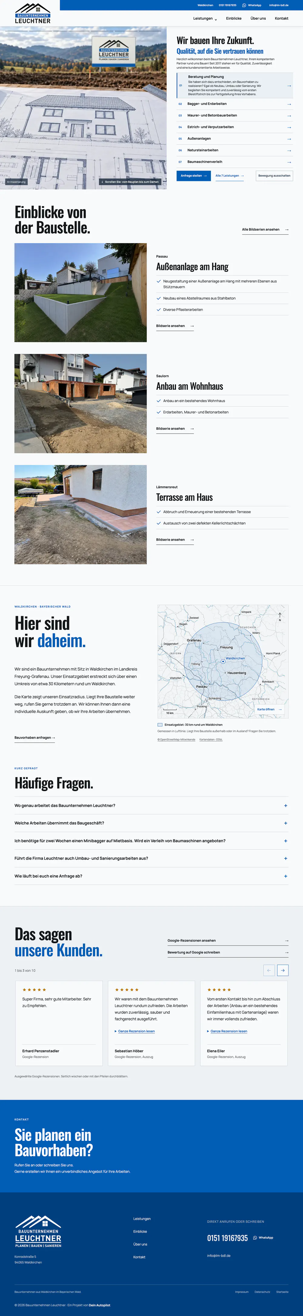 Ganzseitige Ansicht der Startseite von Bauunternehmen Leuchtner